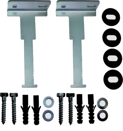 Wandhalter Set bestehend aus zwei Halterungen, verschiedenen Schrauben und Unterlegscheiben, geeignet für Montage und Verbindung von Verteilerbalken, Marke Wolf.